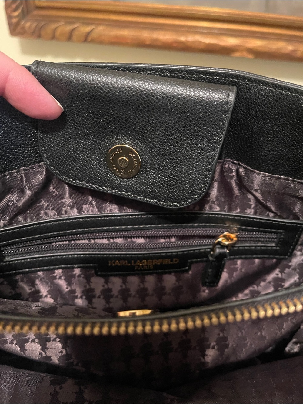 Karl Lagerfeld Black Leather Tote with Gold Stud Chevron & Chain Straps - Picture 4 of 14